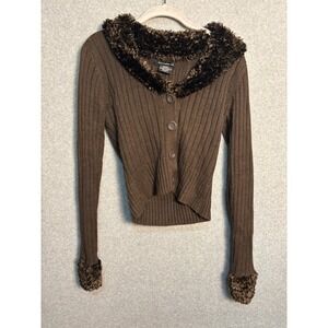 Vintage 52 Weekends Brown Faux‎ Fur Trim Cardigan Sweater Y2K Cozy Glam M